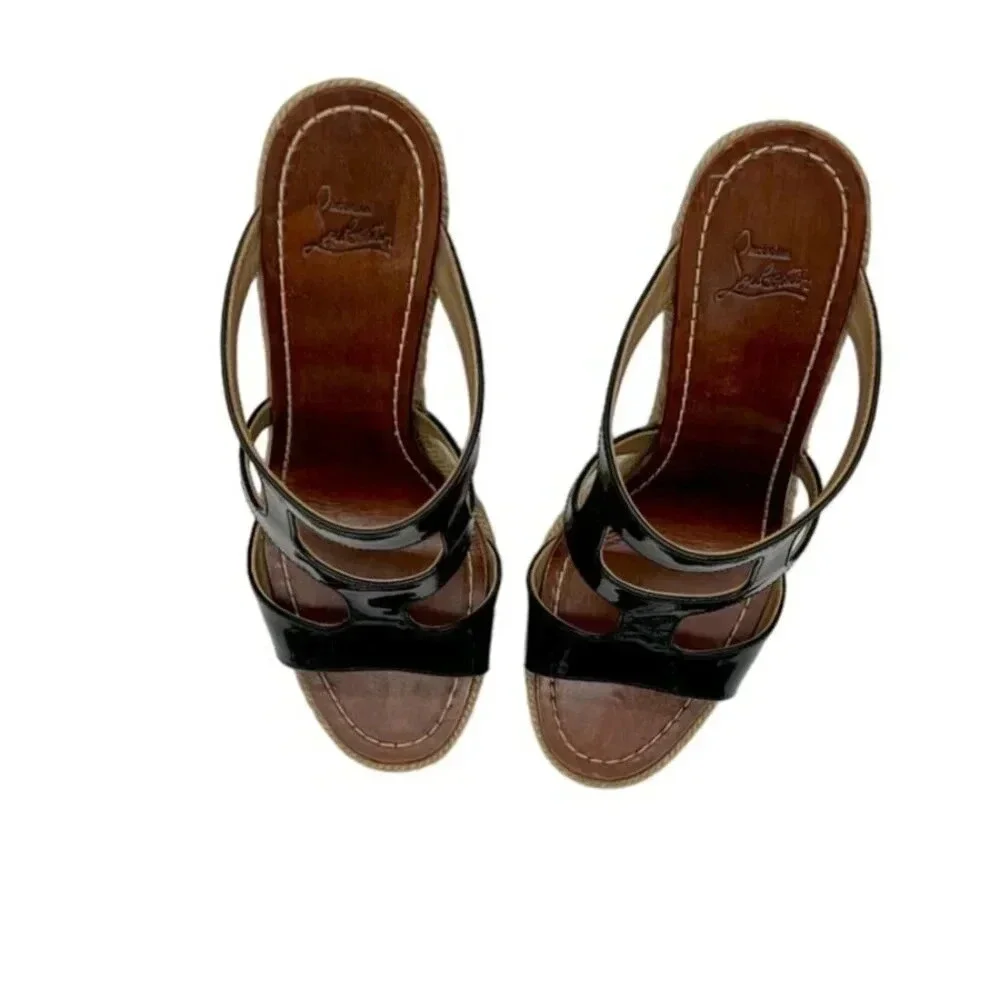 Christian Louboutin Black Patent Leather Espadrille Wedge Sandals